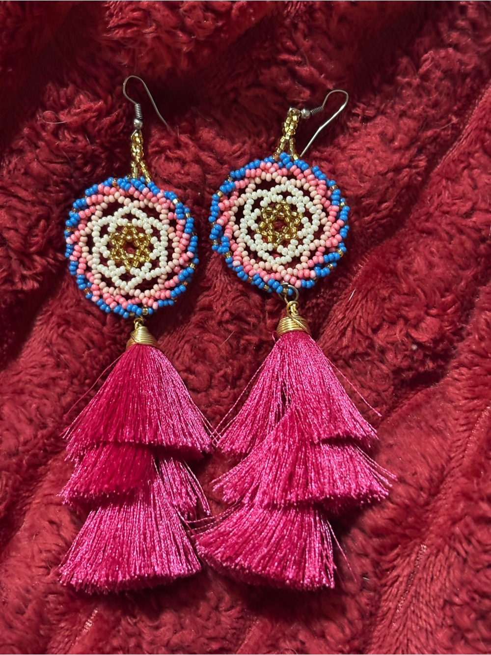 Pink Tassel Beaded Drop Statement Earrings